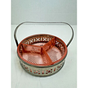 Vintage Pink Depression Glass 3 Part Divided Relish Dish W/ Metal Holder Handle